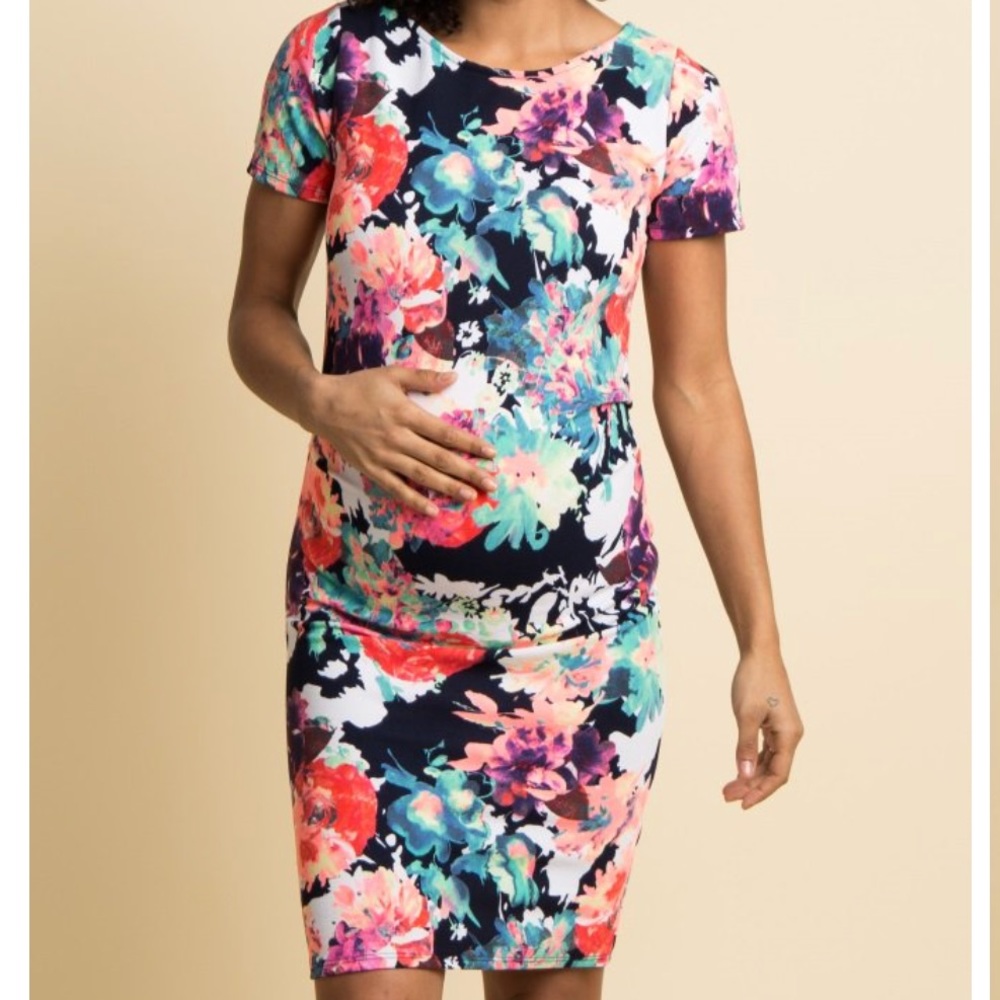 Navy Neon Floral Print Fitted Maternity Dress